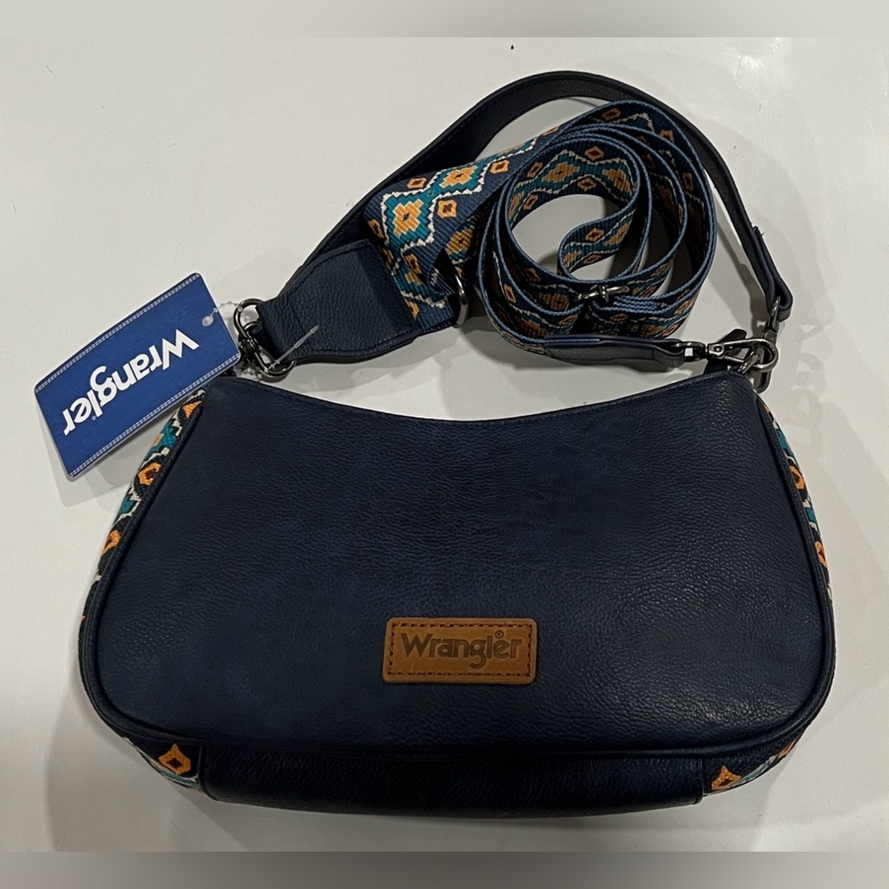 NWT Wrangler Navy Blue Shoulder Faux Leather Hobo Bag Colorful Patterned Strap